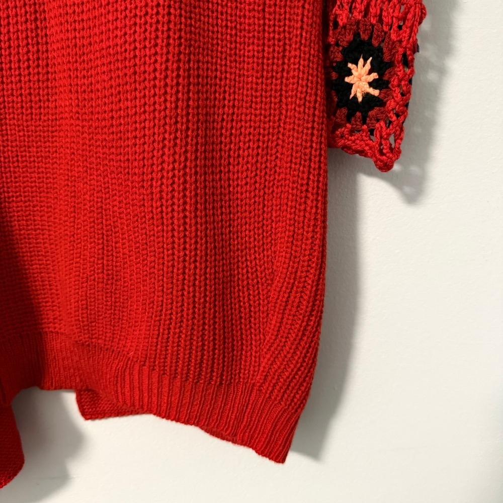 Blakeley Red Crochet Granny Square Sleeve Open Front Cardigan Sweater OS Womens - Picture 10 of 16
